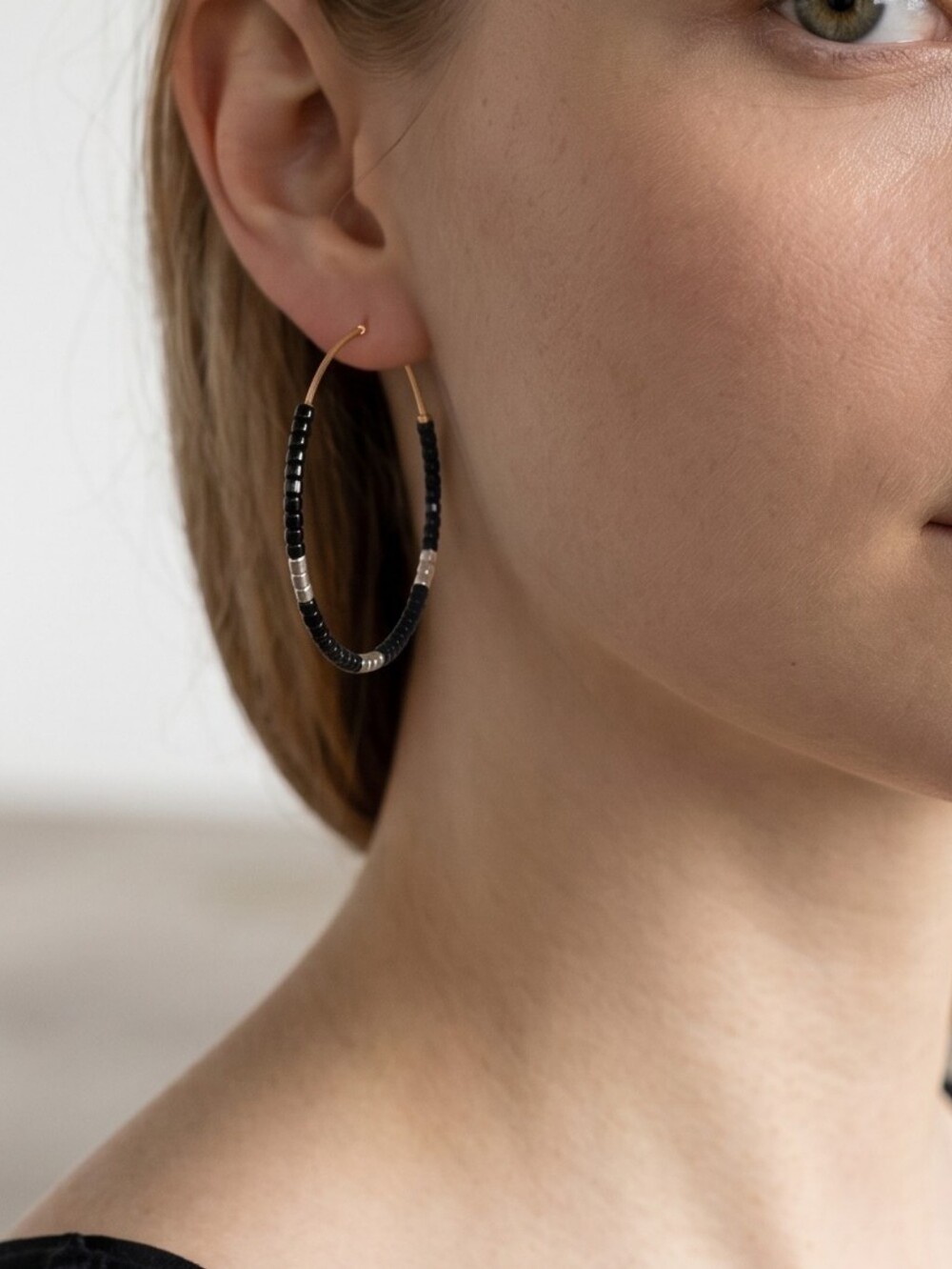 Gold Hoop Earrings with Black Bead Accents
